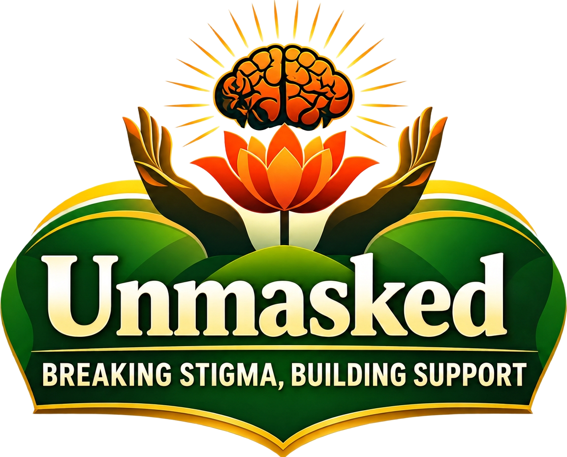 UNMASKED conference crest: hands lifting a lotus and a mind toward the light